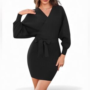 Elegant Black Knit Mini Dress with Batwing Sleeves
